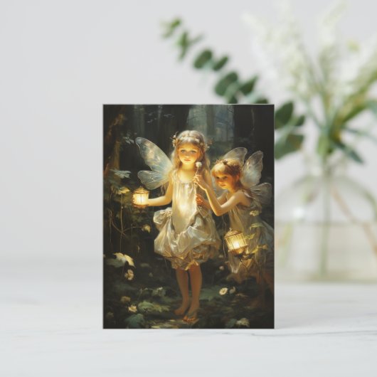 森の森の妖精たち白熱［赤熱］光を放つランタン ポストカード (スタンド正面)