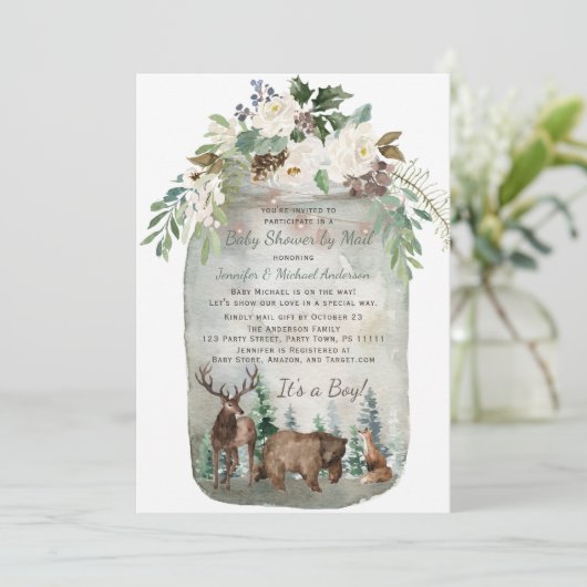 森の森の木工の瓶の赤ちゃんシャワー郵便 招待状 (スタンド正面)