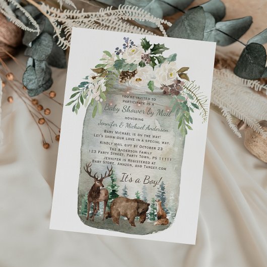 森の森の木工の瓶の赤ちゃんシャワー郵便 招待状