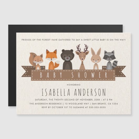 森の森の森の動物の友人の赤ちゃんシャワー マグネット招待状 (正面/裏面)