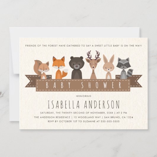 森の森の森の動物の友人の赤ちゃんシャワー マグネット招待状 (正面)