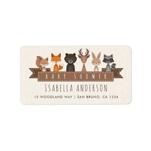 森の森の森の動物の友人の赤ちゃんシャワー ラベル (正面)