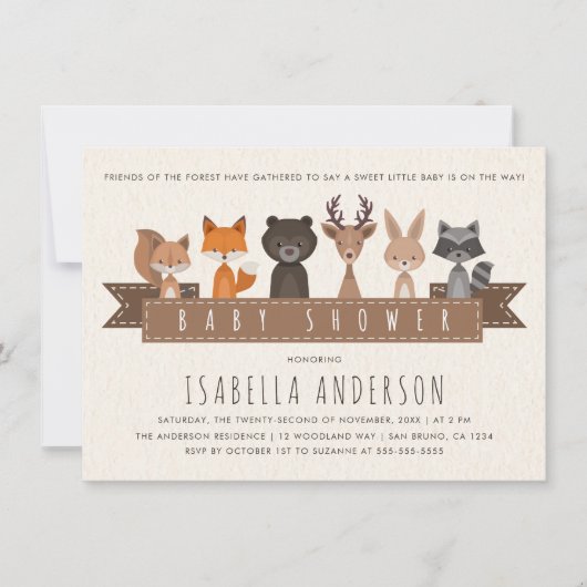 森の森の森の動物の友人の赤ちゃんシャワー 招待状 (正面)
