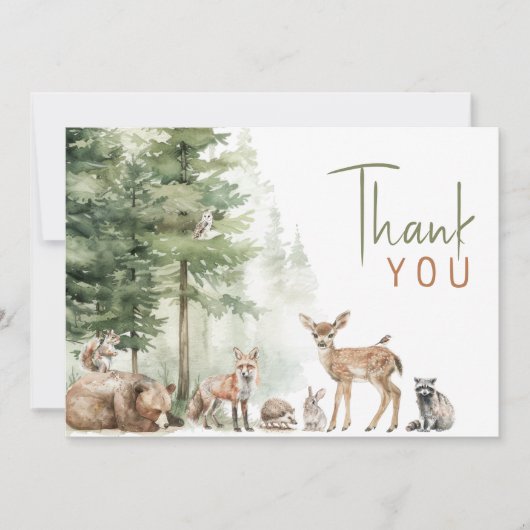 森の森の森の動物の水平誕生日パーティー サンキューカード (正面)