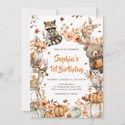 森の森の森の動物カボチャの誕生日パーティー 招待状 (正面)