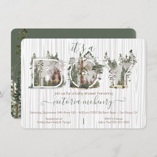 森の森の水彩熊ベビーシャワー 招待状 (正面/裏面)