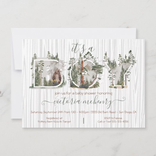 森の森の水彩熊ベビーシャワー 招待状 (正面)
