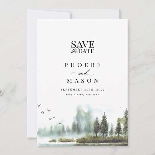 森の森の湖の結婚写真の日付を保存 招待状 (正面)