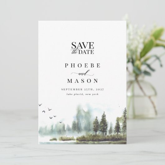 森の森の湖の結婚写真の日付を保存 招待状 (スタンド正面)