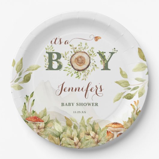 森の森の赤ちゃんシャワーマッシュルーム緑 ペーパープレート (正面)