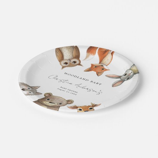 森の森林動物が赤ちゃんシャワーを旅行 ペーパープレート (アングル)