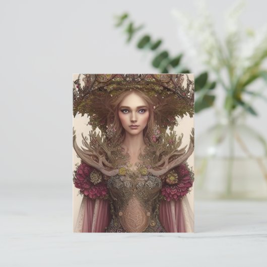 森の植物と花の美しい女性 ポストカード (スタンド正面)