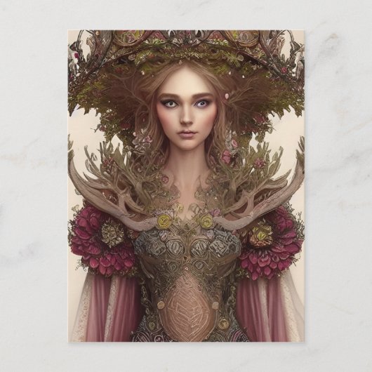森の植物と花の美しい女性 ポストカード (正面)