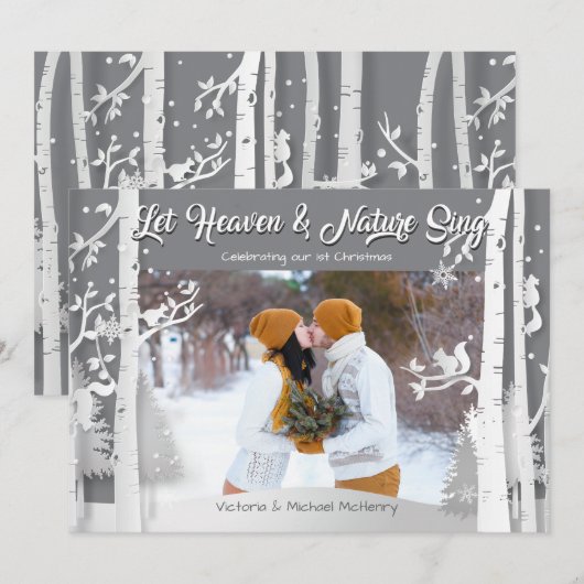 森の樹林の雪景色の写真を使ったホリデーカード 招待状 (正面/裏面)