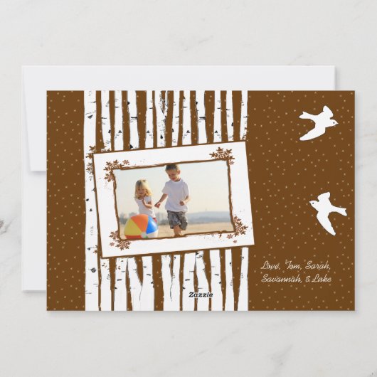 森の樺の木の木飛んでいると鳥メリークリスマス シーズンカード (裏面)