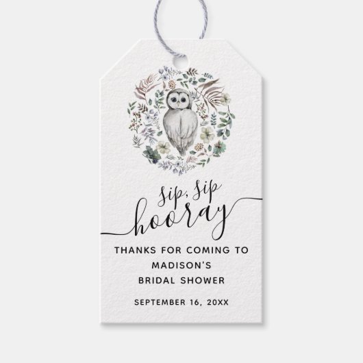 森の水彩フクロウグリーン ブライダルシャワー ギフトタグ (正面)