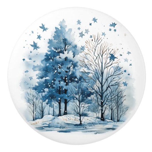 森の水彩冬の風景 セラミックノブ (正面)