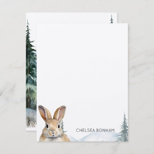 森の水彩画のウサギ ノートカード (正面/裏面)