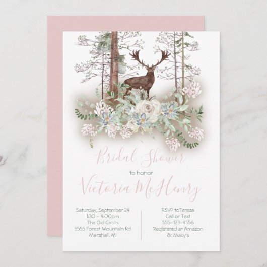 森の水彩画 ウッドランド フォレスト 鹿の ブライダルシャワー 招待状 (正面/裏面)