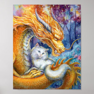 森の水彩画 ゴールドドラゴンと白猫 ポスター