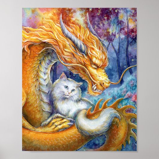 森の水彩画 ゴールドドラゴンと白猫 ポスター (正面)