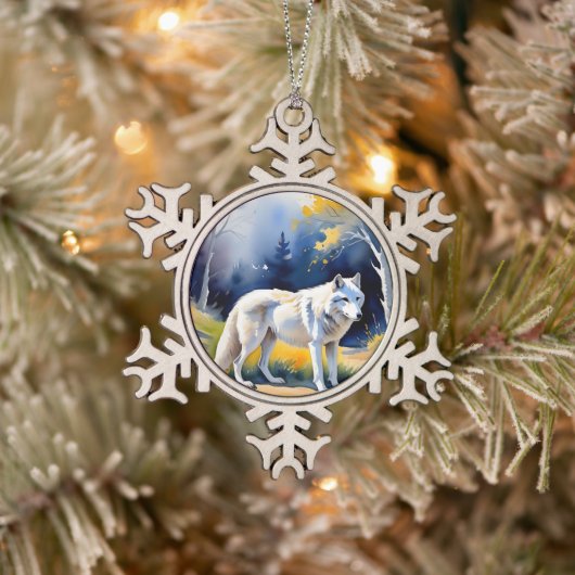 森の水色のオオカミ絵を描。 スノーフレークピューターオーナメント (ツリー)
