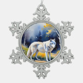 森の水色のオオカミ絵を描。 スノーフレークピューターオーナメント (正面)