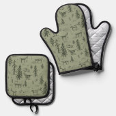 森の湖の暮らし - セージグリーンの木漏れ日柄 鍋つかみ&鍋敷きセット (正面/裏面)