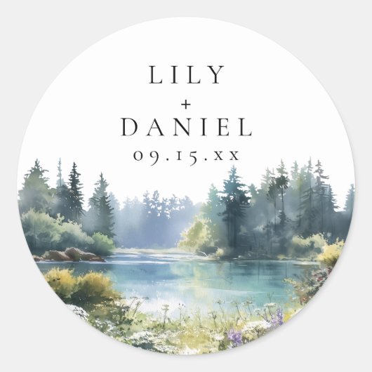 森の湖畔の野生の花のフラワーウェディング ラウンドシール (正面)