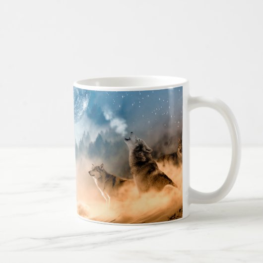 森の満月で二匹のオオカミが吠える コーヒーマグカップ (右)