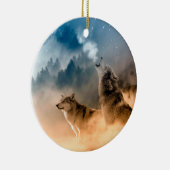 森の満月で二匹のオオカミが吠える セラミックオーナメント (右)
