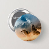 森の満月で二匹のオオカミが吠える 缶バッジ (正面&裏面)