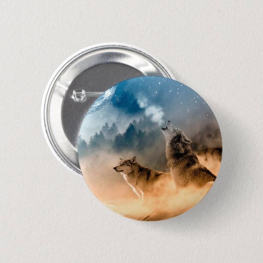 森の満月で二匹のオオカミが吠える 缶バッジ (正面&裏面)