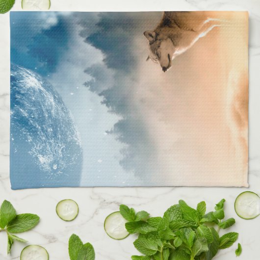 森の満月に二匹のオオカミが吠える キッチンタオル (折り畳み)