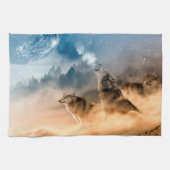 森の満月に二匹のオオカミが吠える キッチンタオル (横)