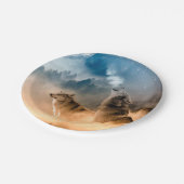 森の満月に二匹のオオカミが吠える ペーパープレート (アングル)