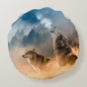 森の満月に二匹のオオカミが吠える ラウンドクッション (裏面)