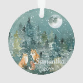森の満月の雪景色に佇む狐の家族の水彩画 オーナメント (裏面)