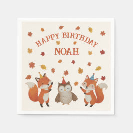森の狐とフクロウの秋の子供の誕生日パーティー スタンダードカクテルナプキン