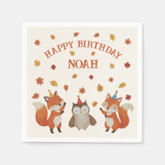 森の狐とフクロウの秋の子供の誕生日パーティー スタンダードカクテルナプキン