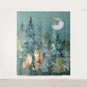 森の狐一家と満月の雪景色 タペストリー (正面)