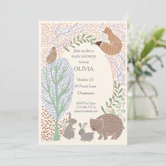 「森の生き物の動物の素朴な赤ん坊シャワー 招待状 (スタンド正面)