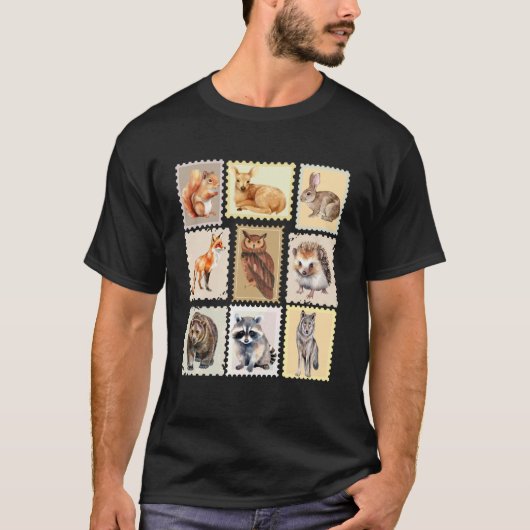 森の生き物の野生動物郵便切手デザイン Tシャツ (正面)