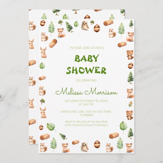 森の生き物素朴の赤ちゃんシャワー 招待状 (正面/裏面)