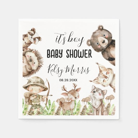森の男の子お披露目パーティーの招待状 Rustic Woodland Baby Shower Inv スタンダードカクテルナプキン (正面)