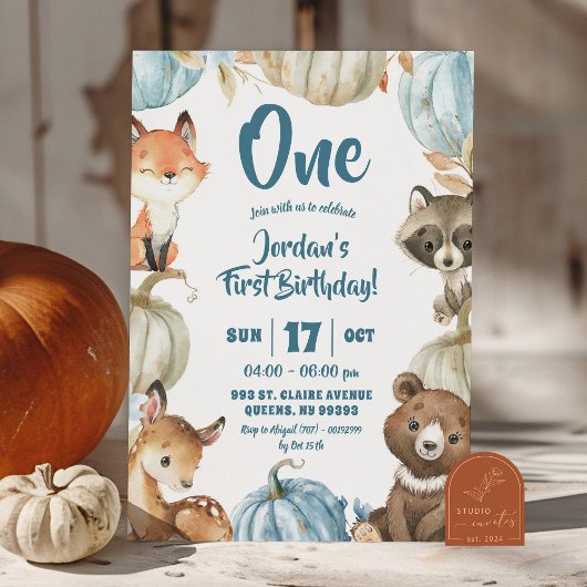 森の男の子と青いカボチャの1歳の誕生日 招待状