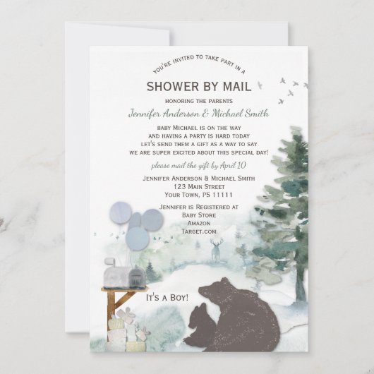 森の男の子の国クマ鹿メール赤ちゃんシャワー 招待状 (正面)