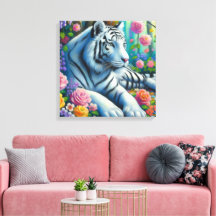 森の白い虎/花ティール（緑がかった色）ピンクカラフル