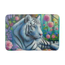 森の白い虎/花ティール（緑がかった色）ピンクカラフル