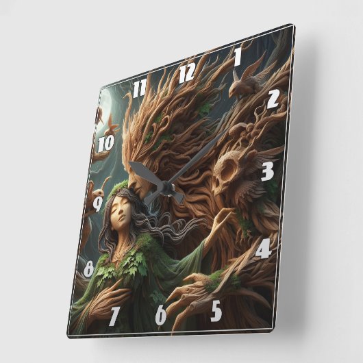森の神々が月光の下で抱擁 スクエア壁時計 (傾斜)